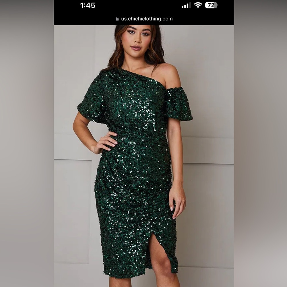 Gorgeous Plus Size One Shoulder Ruched Sequin Midi Dress in Green- size 24